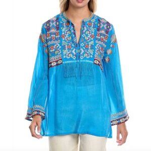 Johnny Was Embroidered Coriander Karen Fringed Blouse Tunic Malibu Blue L NWT